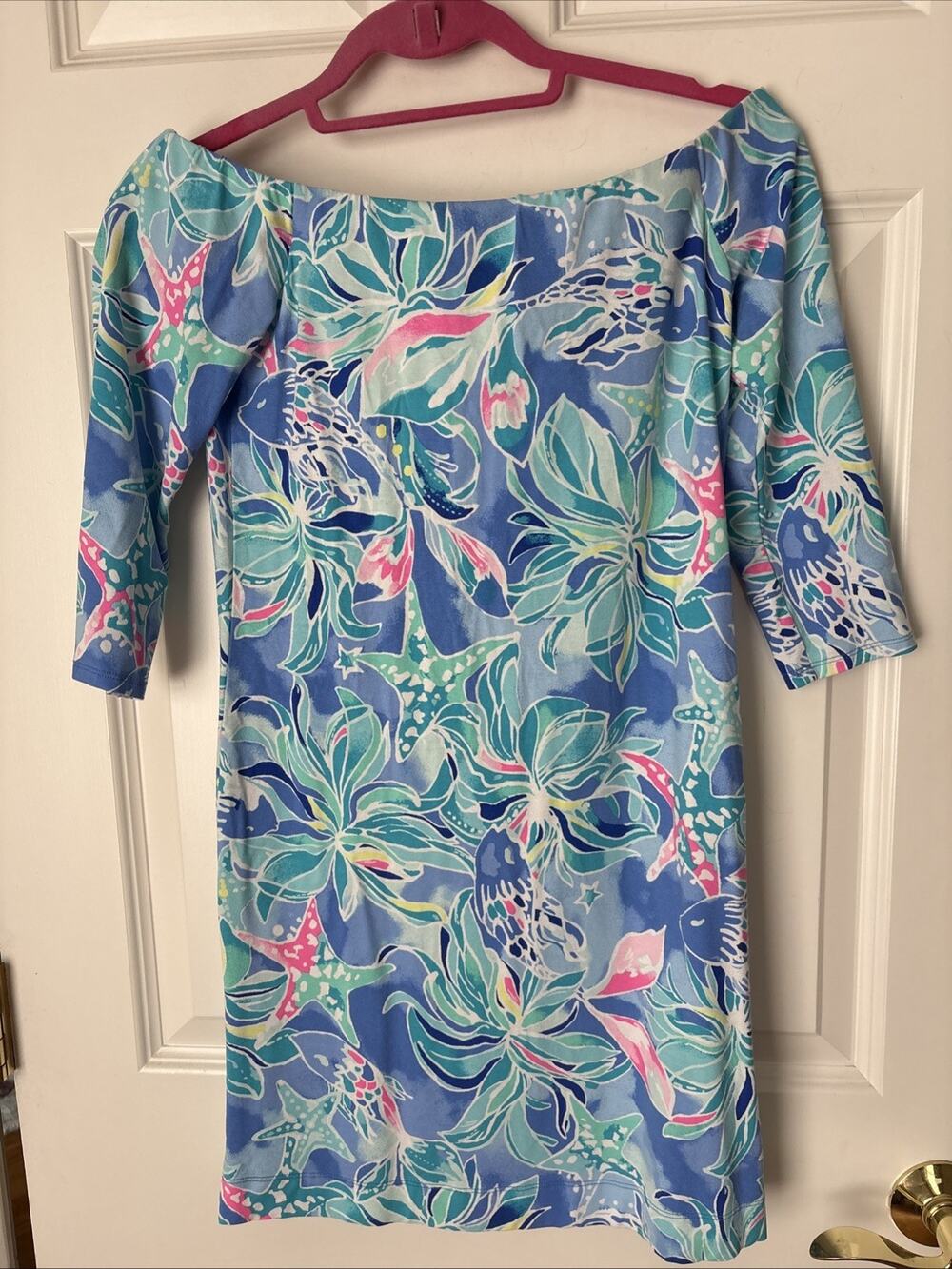 Lilly Pulitzer Multicolor Floral V-Neck 3/4 Sleeve Stretch Blue Shift Dress Xs